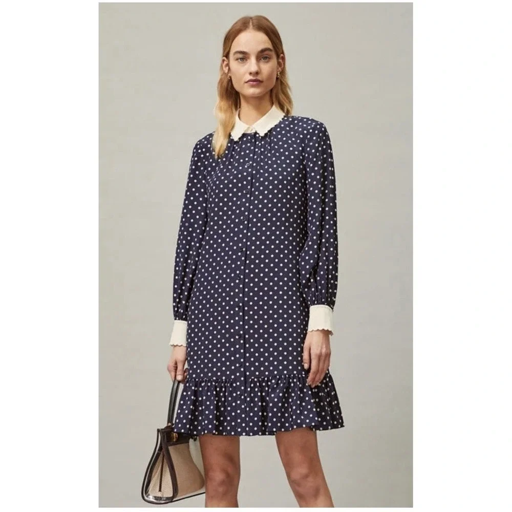 Tory Burch Cora Silk Dress 6 Button Up Preppy Classic Navy Polka Dot‎ New $498